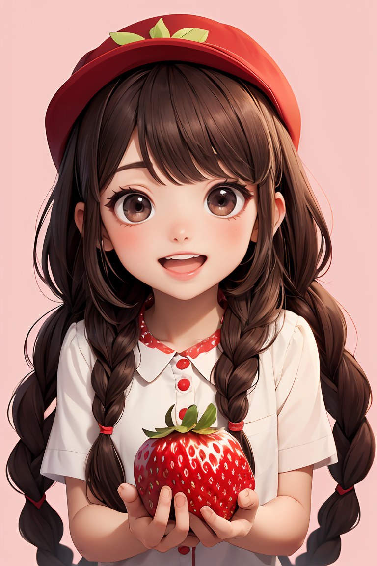 393795-1141759168-masterpiece,best quality,dramatic, 1girl, solo, long hair, smile, open mouth, bangs, brown hair, hat, strawberry, holding fruit,.png